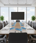 Clear Acrylic Desk Name Plates 12 Pack With Horizontal Slant Back 2x8 Sign Holders for table in a conference room