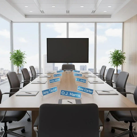 Clear Acrylic Desk Name Plates 12 Pack With Horizontal Slant Back 2x8 Sign Holders for table in a conference room