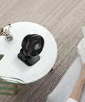 Clip On 5 Inch Fan With Aroma Function on white table, AA Battery Operated or USB Powered, 4 Speed Portable Desk Fan, Ultra Quiet