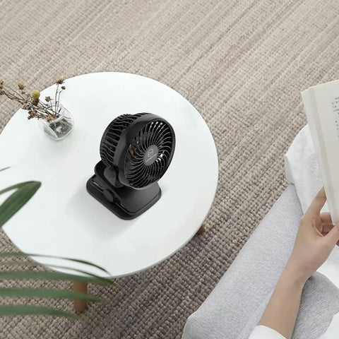 Clip On 5 Inch Fan With Aroma Function on white table, AA Battery Operated or USB Powered, 4 Speed Portable Desk Fan, Ultra Quiet
