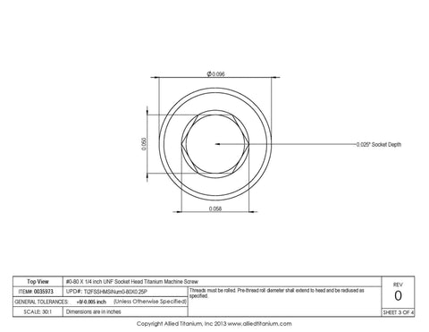Technical drawing of Pack Of 20 True Titanium Socket Head Machine Screws, 0-80 Size, One Quarter Inch UNF, Grade 2 CP Titanium.