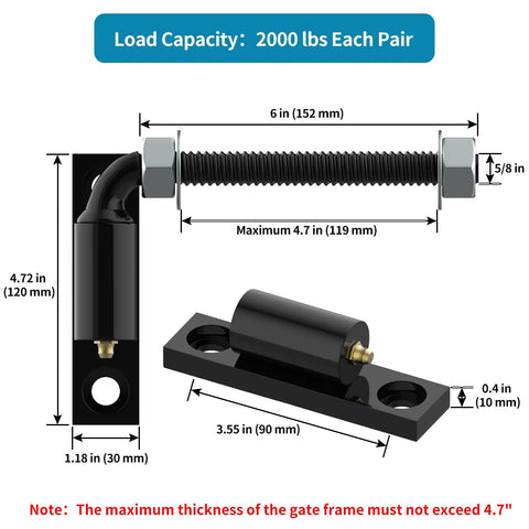 Diagram of 5/8 In J-Bolt Gate Hinge Set, Heavy-Duty Steel For Wooden And Iron Gates, Hole Base Mount, Black Powder Coated, Rust-Resistant, Umbrella Seal Ring Keeps Rain Out, Mounting Plate About 4.72 In, 1 Pair with measurements.