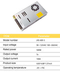 Built Different Industrial Grade AC DC Switching Power Supply 5V 100A 500W with a compact 8.85x4.88x1.37 inch chassis and fan.