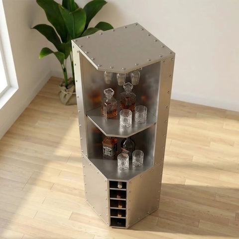 Aviator Wing Shelving Unit With Industrial Aluminum Build Dope Tall Bookshelf And Riveted Aircraft Design shown as a bar unit