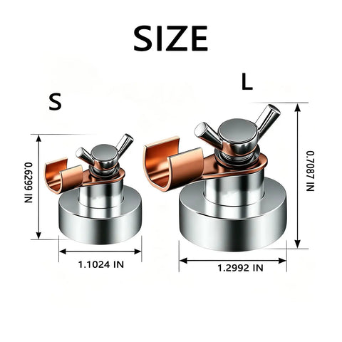 Heavy Duty Welding Ground Clamp With Strong Magnet And Copper Connector For Fast Secure接地 on metal table sizes S and L shown.