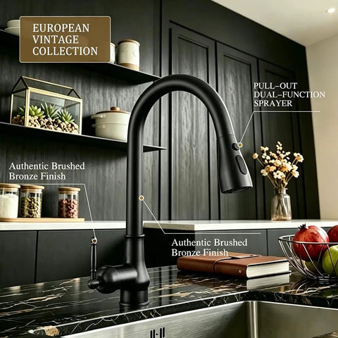 Kitchen Faucet with Pull Down Sprayer, Black Kitchen Sink Faucet, high arc design with pull-out dual-function sprayer.