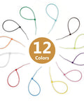 Display of 12 colored 4-inch self-locking nylon zip ties for Multicolor 1200 Piece Zip Ties Set With 12 Colors For Home Office Garage And Workshop.