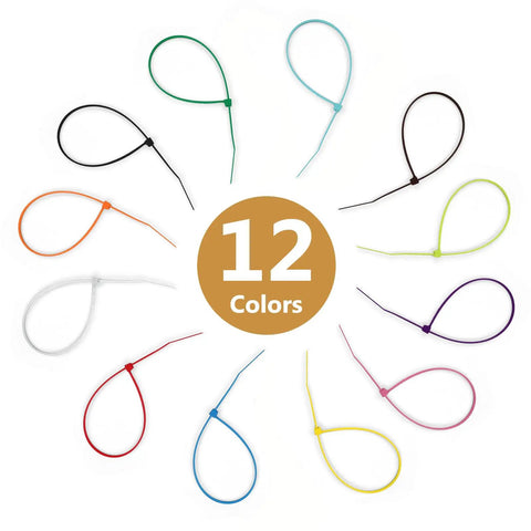 Display of 12 colored 4-inch self-locking nylon zip ties for Multicolor 1200 Piece Zip Ties Set With 12 Colors For Home Office Garage And Workshop.