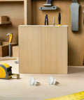 10 Pack Round Wood Cabinet Knobs Single Hole White Drawer Pulls Rustic Kitchen Handles on a workbench with tools.