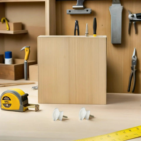 10 Pack Round Wood Cabinet Knobs Single Hole White Drawer Pulls Rustic Kitchen Handles on a workbench with tools.