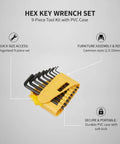 Rock Solid Nine Piece Hex Key Wrench Kit Pack With Durable Soft Lock PVC Case For Easy Furniture Assembly And Home Repairs Keep Your Tools Organized Securely, yellow PVC case