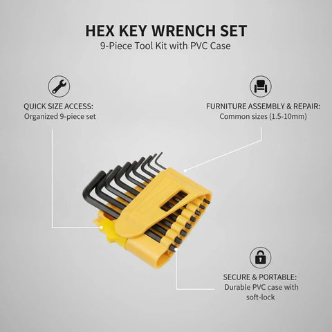 Rock Solid Nine Piece Hex Key Wrench Kit Pack With Durable Soft Lock PVC Case For Easy Furniture Assembly And Home Repairs Keep Your Tools Organized Securely, yellow PVC case