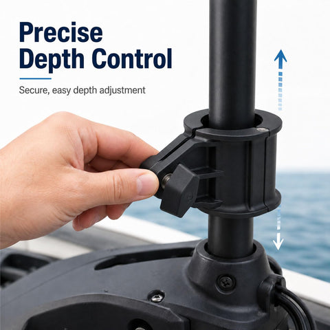 Hand adjusting Depth Collar With Knob Kit For Terrova And Riptide ST Trolling Motors, demonstrating precise depth control.