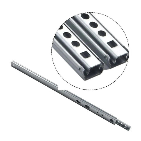 Full Extension Drawer Slides Featuring Precision Bearing Tracks For Smooth As Butter Cabinet Motion Two Way Rail Hardware 17 Inch close-up view of metal track