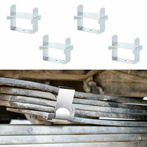 Upgrade Your Ride With These Tough 4 Piece Stainless Steel Leaf Spring Clamp Kit Heavy Duty 2.5 Inch Wide Design Boosts Axle Torque And Stability Perfect Trucks Trailers Campers Black No Rust Guaranteed stainless steel leaf spring clamp kit on truck suspension