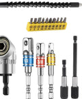 Front view of a flexible drill bit extension set with 105° right-angle shaft, 3 socket adapters and bit holders