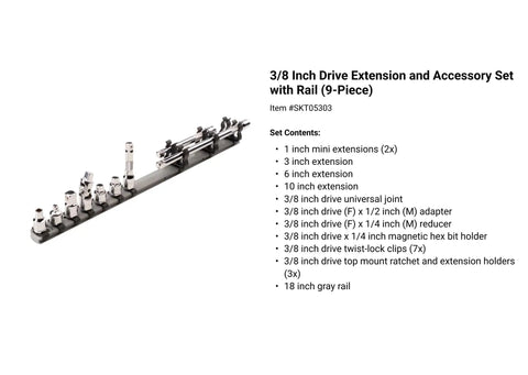 3/8 inch drive extension accessory set on gray rail with adapters, extensions, universal joint, clips, and holder.