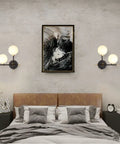 Cozy bedroom with Two Light Globe Wall Sconce With Frosted Glass Globes, mid century modern vibe, easy ceiling mount, retro style lamp.