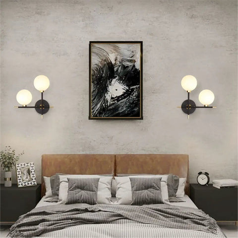 Cozy bedroom with Two Light Globe Wall Sconce With Frosted Glass Globes, mid century modern vibe, easy ceiling mount, retro style lamp.
