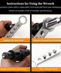 Instructions for using Cordless Rivet Gun Adapter Kit With 2.4mm 3.2mm 4.0mm And 4.8mm Heads, showing tool and wrench steps