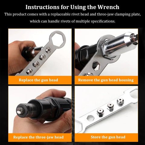 Instructions for using Cordless Rivet Gun Adapter Kit With 2.4mm 3.2mm 4.0mm And 4.8mm Heads, showing tool and wrench steps
