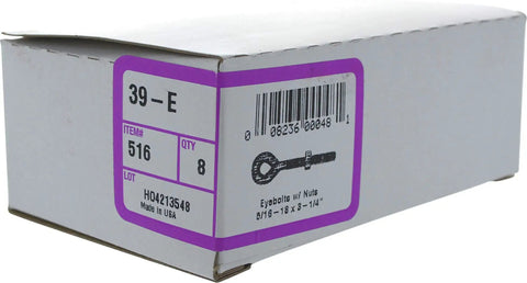 Box of Eight Piece Eye Bolts With Nuts Set For Hanging And Tie Downs Five Sixteenth Inch By Three And One Quarter Inch Steel Zinc Plated Fasteners