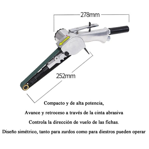 Shop Floor Ready Air Powered Handheld Belt Sander With Stepless Speed Control And Hassle Free Zirconia Strip Swap For Crushing Serious Wood Metal Stone Projects Today, showcasing compact design with precise dimensions.