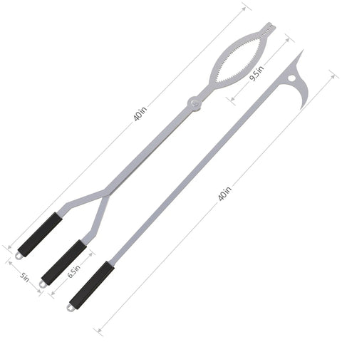 40 Inch Stainless Steel Fire Tongs And Poker Set For Outdoor Fire Pit Bonfire Campfire Backyard Deck And Indoor Fireplace Use, Serrated Log Claw Tongs