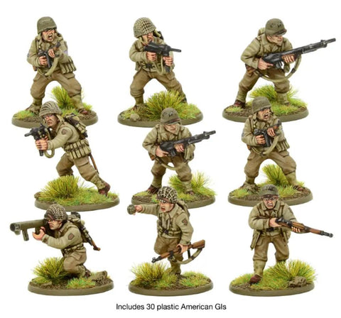 Thirty US Army Infantry Minis Set For Bolt Action Tabletop Wargaming 28mm Plastic WWII Figures with Optional Gear Displayed