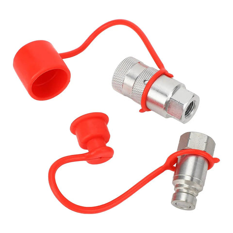 Badass Flat Face Hydraulic Quick Coupler Set 1 4In Npt Iso16028 Carbon Steel Connectors Zinc Coated For Excavators Works On Rigs Daily No Leaks At High Pressure Reliable Power Transfer Gear For Mechanics To Fix Stuff Fast And Real Hardcore Use. silver hydraulic coupler set with red dust caps