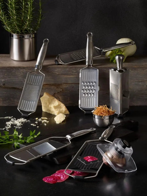 Set of Pro Slicer With V Blade Stainless Steel 46 Cm For Quick No Fuss Clean Slices In Your Kitchen, ergonomic handle displayed.