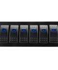 Front view of 12-24V Illuminated 6 Gang Aluminum Rocker Switch Panel Pre-Wired Dash Kit with 5 Pin On Off Switches IP65, blue backlit.