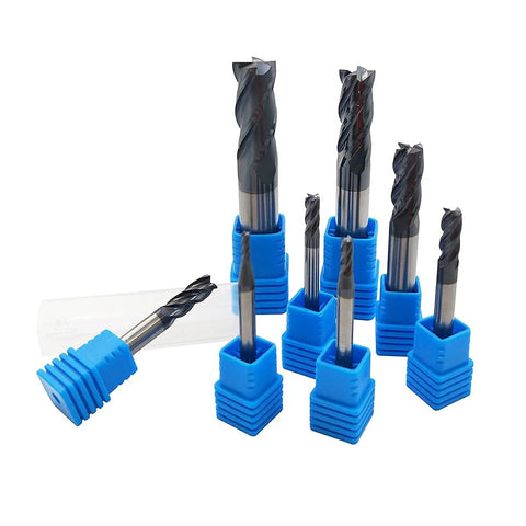 Eight-piece carbide end mill set with straight shank, sizes 2-12 mm, in blue plastic holders