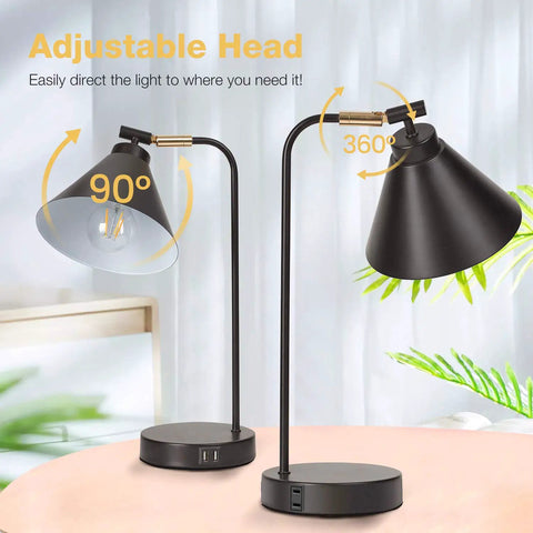 Dimmable Touch Bedside Lamp With 2 USB Ports And AC Outlet Industrial Black Nightstand Reading Light With Metal Flexible Gooseneck