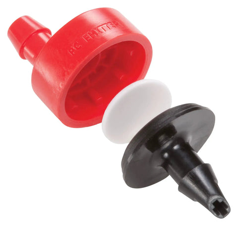Close-up of red and black 2 GPH Pressure Compensating Drip Emitter For Spot Watering, 30 Pack, Self Piercing Design components