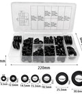 Rubber Grommet Assortment Kit 180 Pcs With O Ring Washers Made From NBR Wear Resistant Oil And Water Resistant Rubber Grommets In 1/4 In To 1 In Sizes in organized storage box with size chart.