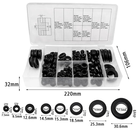 Rubber Grommet Assortment Kit 180 Pcs With O Ring Washers Made From NBR Wear Resistant Oil And Water Resistant Rubber Grommets In 1/4 In To 1 In Sizes in organized storage box with size chart.