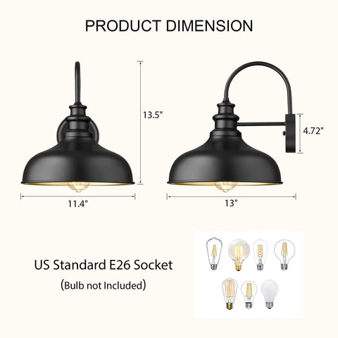 Product dimensions of Old School Vintage Black Farmhouse Wall Light Sconce With E26 Socket showing side and front views.