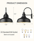 Product dimensions of 11.4 Inch Dome Barn Light Wall Sconce with E26 Socket, black metal, anti-rust exterior for outdoor use.