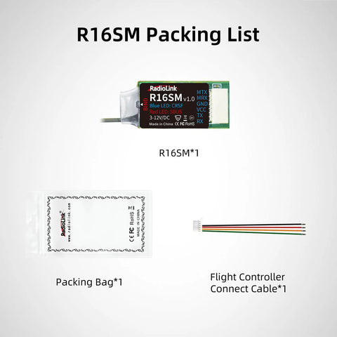 16 Channel Mini FPV Receiver SBUS CRSF Long Range For Micro Drones And Quadcopters packaging with R16SM and accessories.
