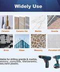 Dry diamond core drill bit set with triangle shank, 2pcs, shown with tile samples and two cordless drills.