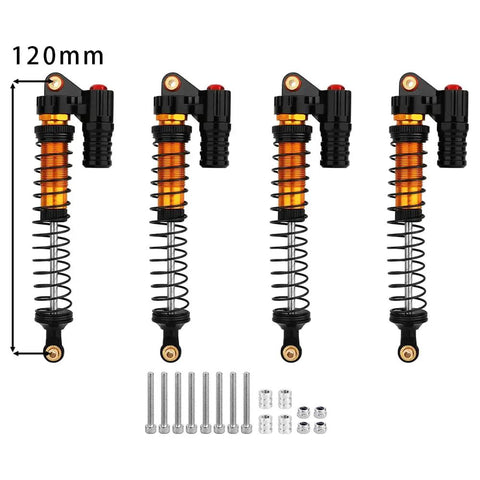Four 120mm beefed up aluminum adjustable piggyback shock absorber oil dampers for one tenth RC crawlers including Axial SCX10 Capra Wraith TRX4 TRX6 D90 Tamiya CC01 HSP HPI black upgrade part.