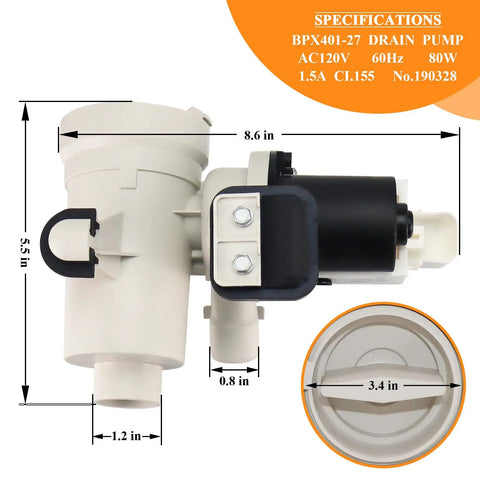Front Load Washer Drain Pump and Motor Assembly Replacement OEM Fit For Duet Kenmore Maytag, side view with dimensions