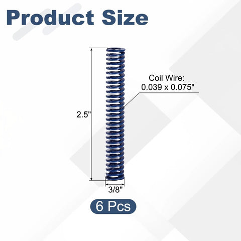Six Pack Blue Compression Springs For Heavy Duty Gear 3/8 Inch OD By 2 5 Inches Long Alloy Steel Build showing dimensions and coil wire size.