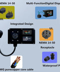 Digital LCD Power Meter For 50 Amp 120V Systems With NEMA 14 50 Connector showing display, NEMA plugs, and 9 AWG cable
