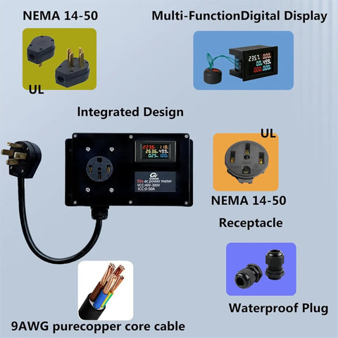 Digital LCD Power Meter For 50 Amp 120V Systems With NEMA 14 50 Connector showing display, NEMA plugs, and 9 AWG cable