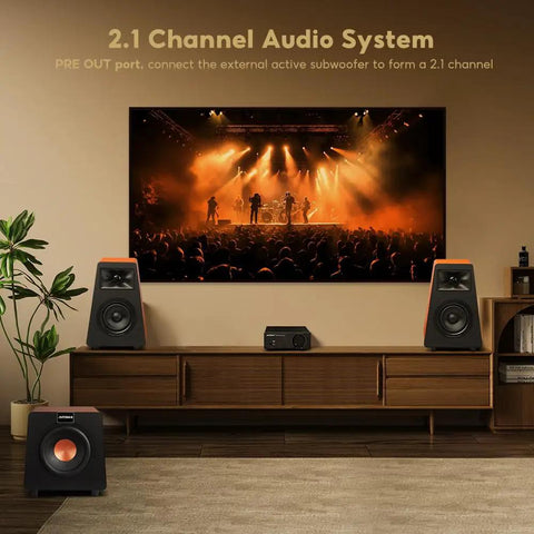 Home audio setup featuring TPA3255 Class D Stereo Amplifier 300W Per Channel X2 HiFi with speakers and subwoofer on a console