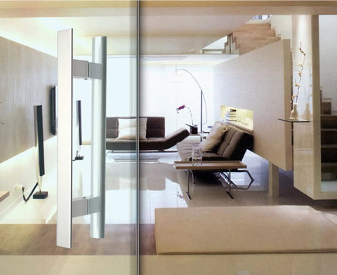 Aluminum Door Pull Push Handle for Glass Or Wood Doors, Smooth Polished Surface, installed on glass door in modern living space