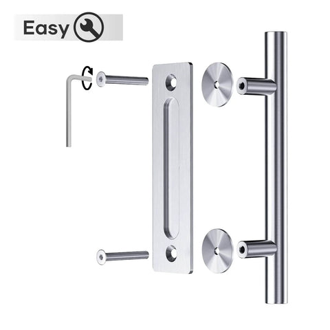 12-Inch Stainless Steel Sliding Barn Door Handles And Flush Pulls Set Double Sided Brushed Finish Anti Rust Durable No Fuss Install 2 Pack For Cabinet And Barn Doors shown with assembly tools