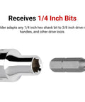 One Quarter Inch Drive Hex Bit Holder For Quarter Inch Hex Shank Bits With Quick Change Retaining Ball And Spring Tensioned Collar Secure Bit Retention Easy Read Large Size Markings For Ratchets And Driver Tools with a 1/4 inch hex bit.